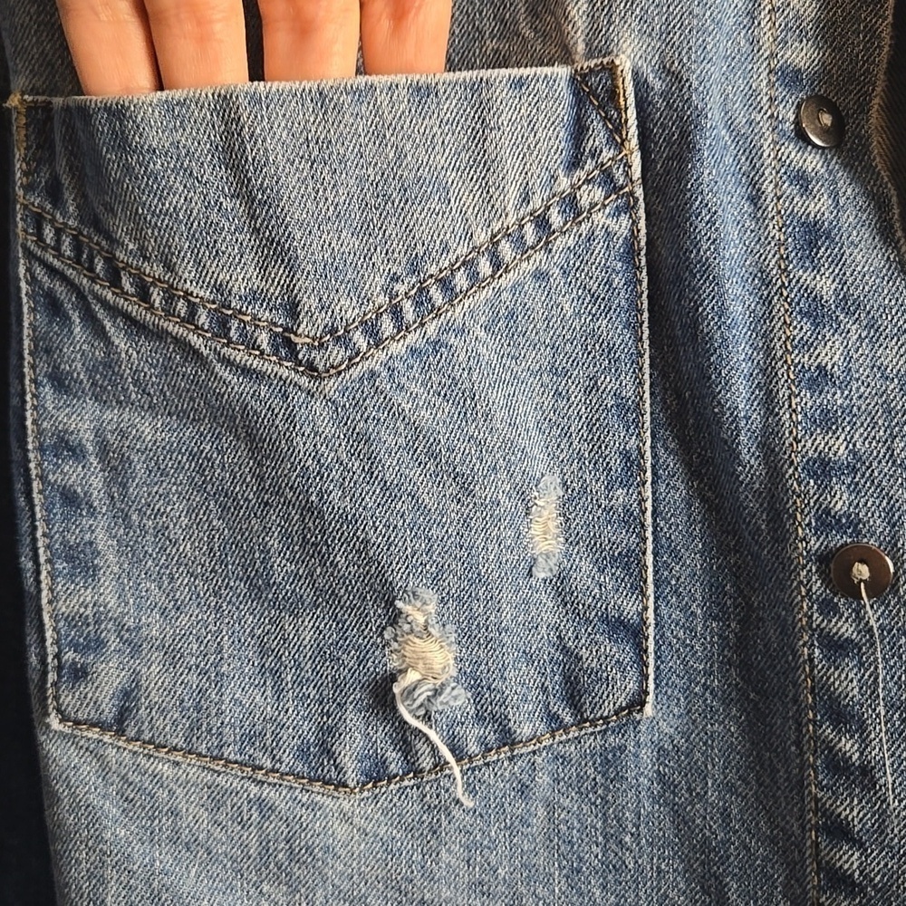 Pistola Distressed Cropped Blue Denim Jacket-Size Large - Picture 7 of 16